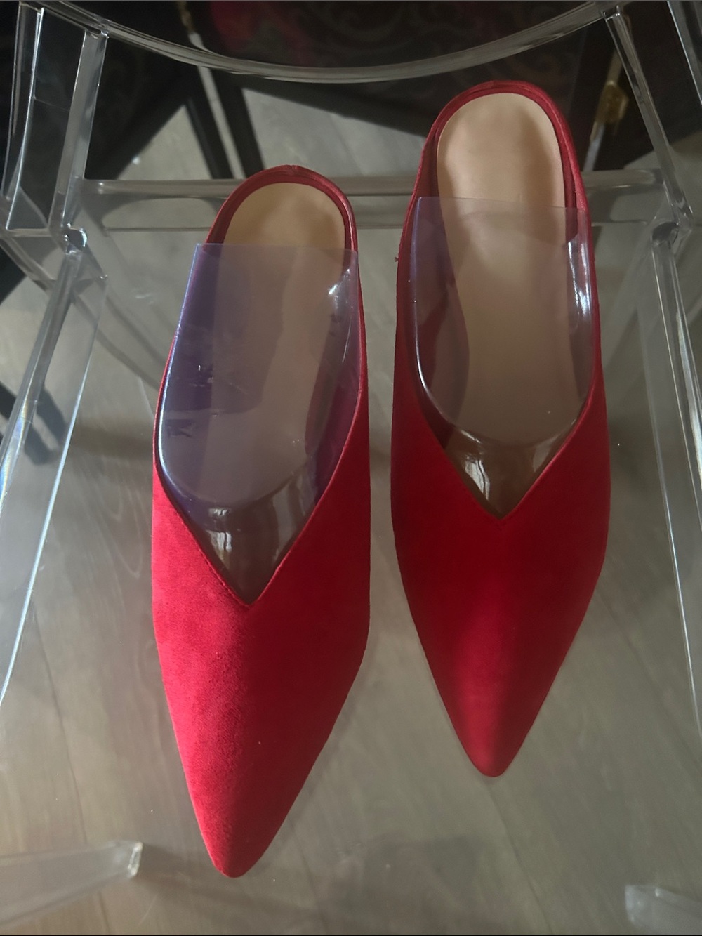 Nannette Red Pointed-Toe Slip-On Mules with Clear Vamp